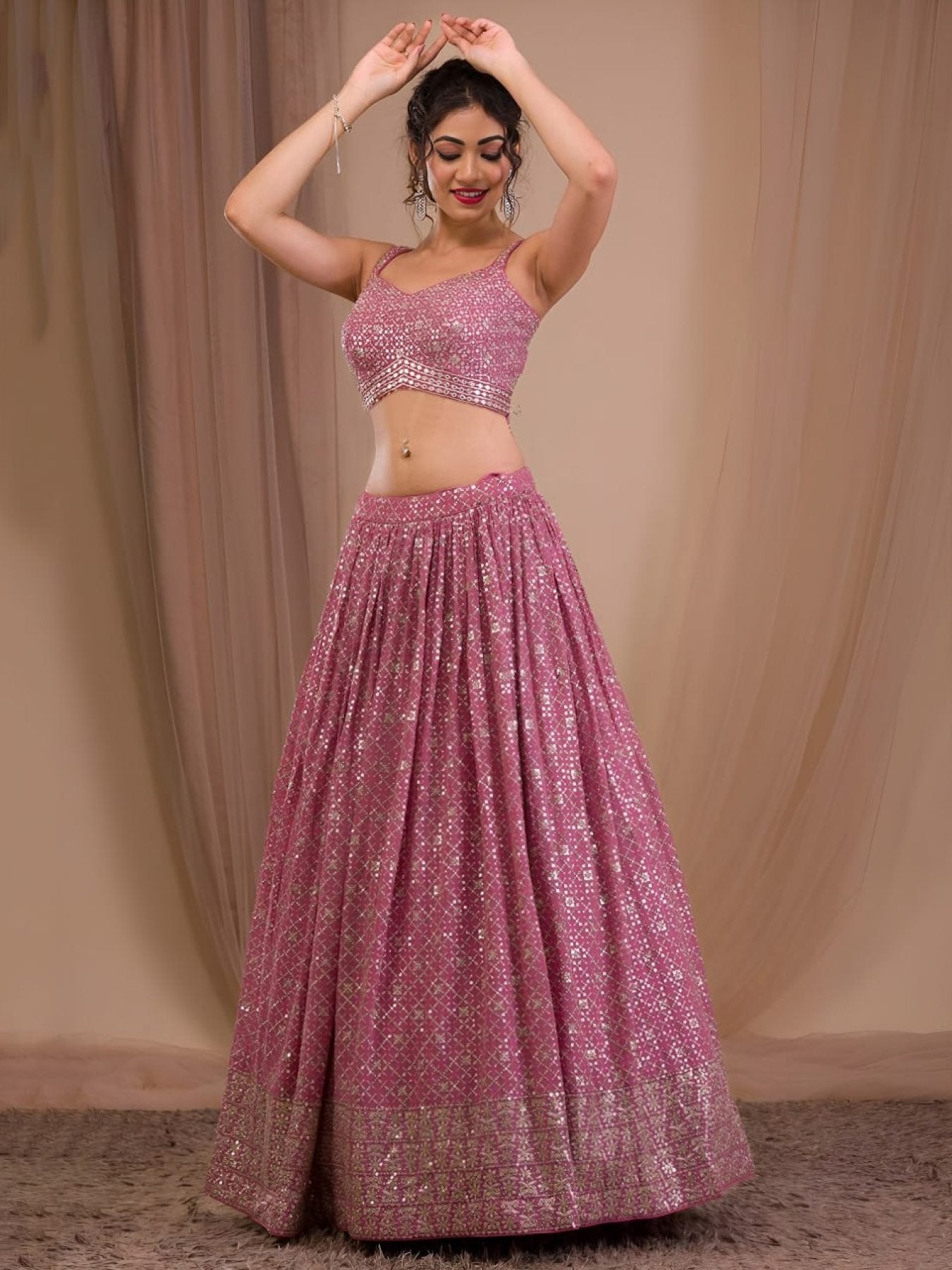Georgette Lehenga Choli with Zari and Multiple Sequins Embroidery Work blouse and dupatta detail