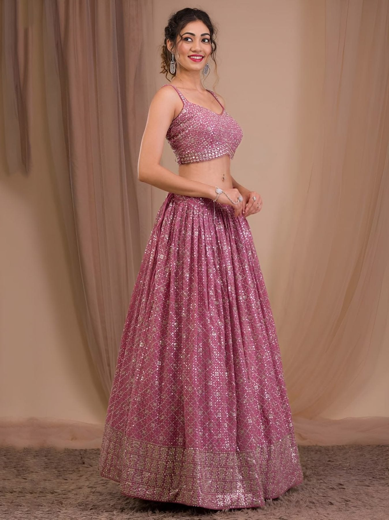 Georgette Lehenga Choli with Zari and Multiple Sequins Embroidery Work detailed view