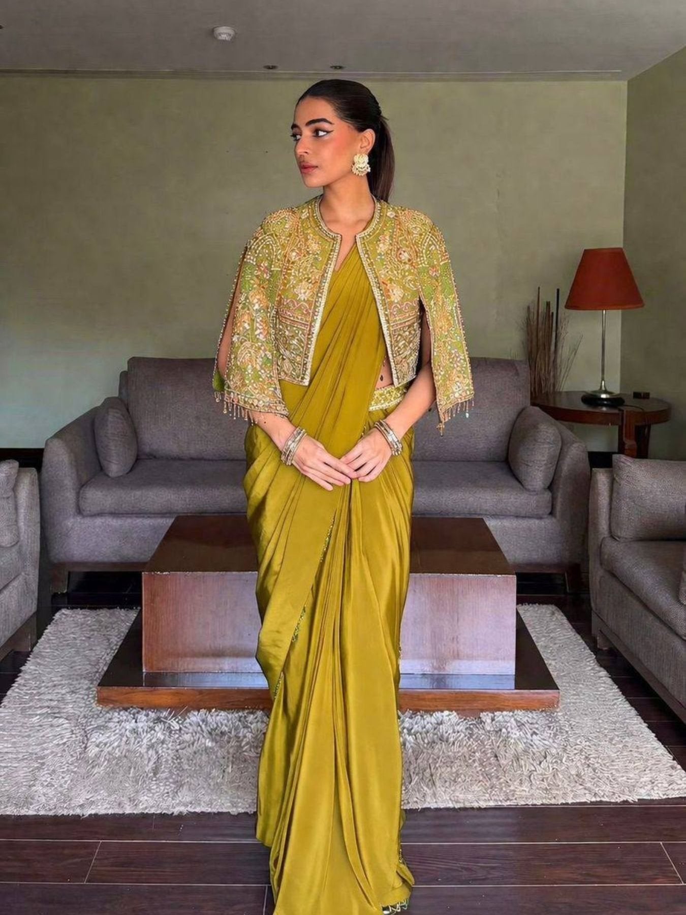 Lycra Drape Saree with Embroidered Silk Jacket Lehenga blouse and dupatta detail