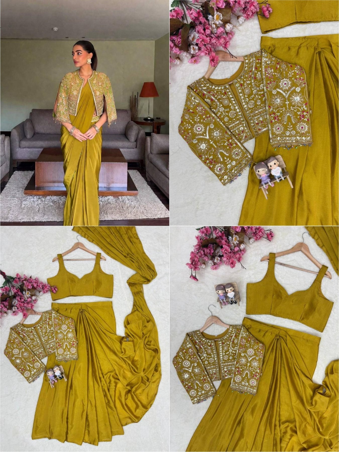 Lycra Drape Saree with Embroidered Silk Jacket Lehenga embroidery close-up