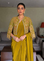 Lycra Drape Saree with Embroidered Silk Jacket Lehenga fabric texture detail