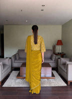 Lycra Drape Saree with Embroidered Silk Jacket Lehenga styling view