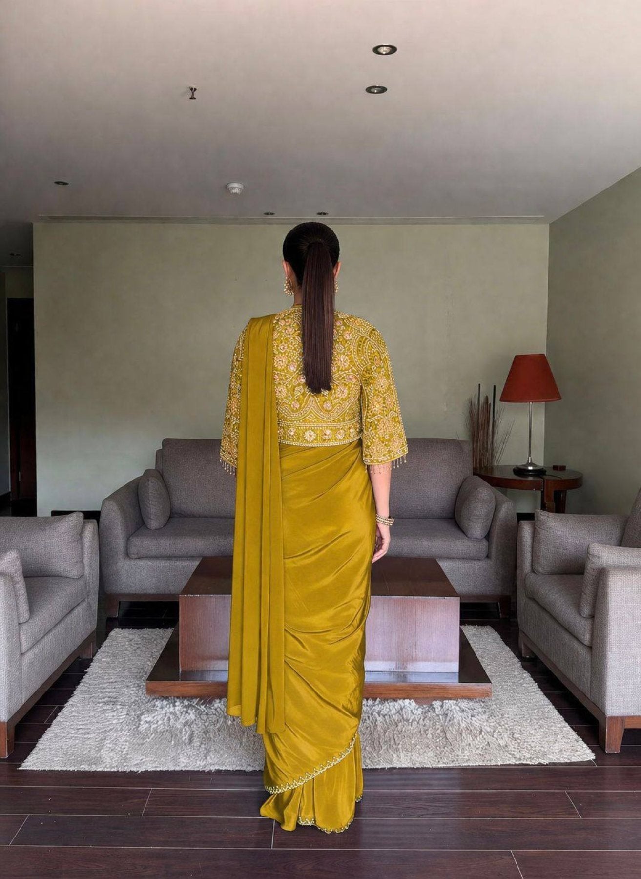 Lycra Drape Saree with Embroidered Silk Jacket Lehenga styling view