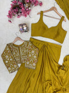 Lycra Drape Saree with Embroidered Silk Jacket Lehenga front view
