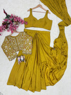 Lycra Drape Saree with Embroidered Silk Jacket Lehenga blouse and dupatta detail