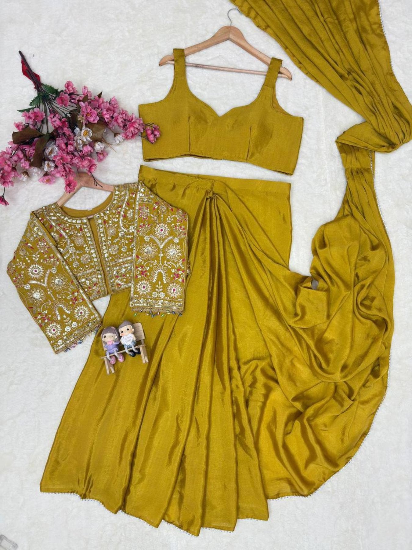 Lycra Drape Saree with Embroidered Silk Jacket Lehenga blouse and dupatta detail