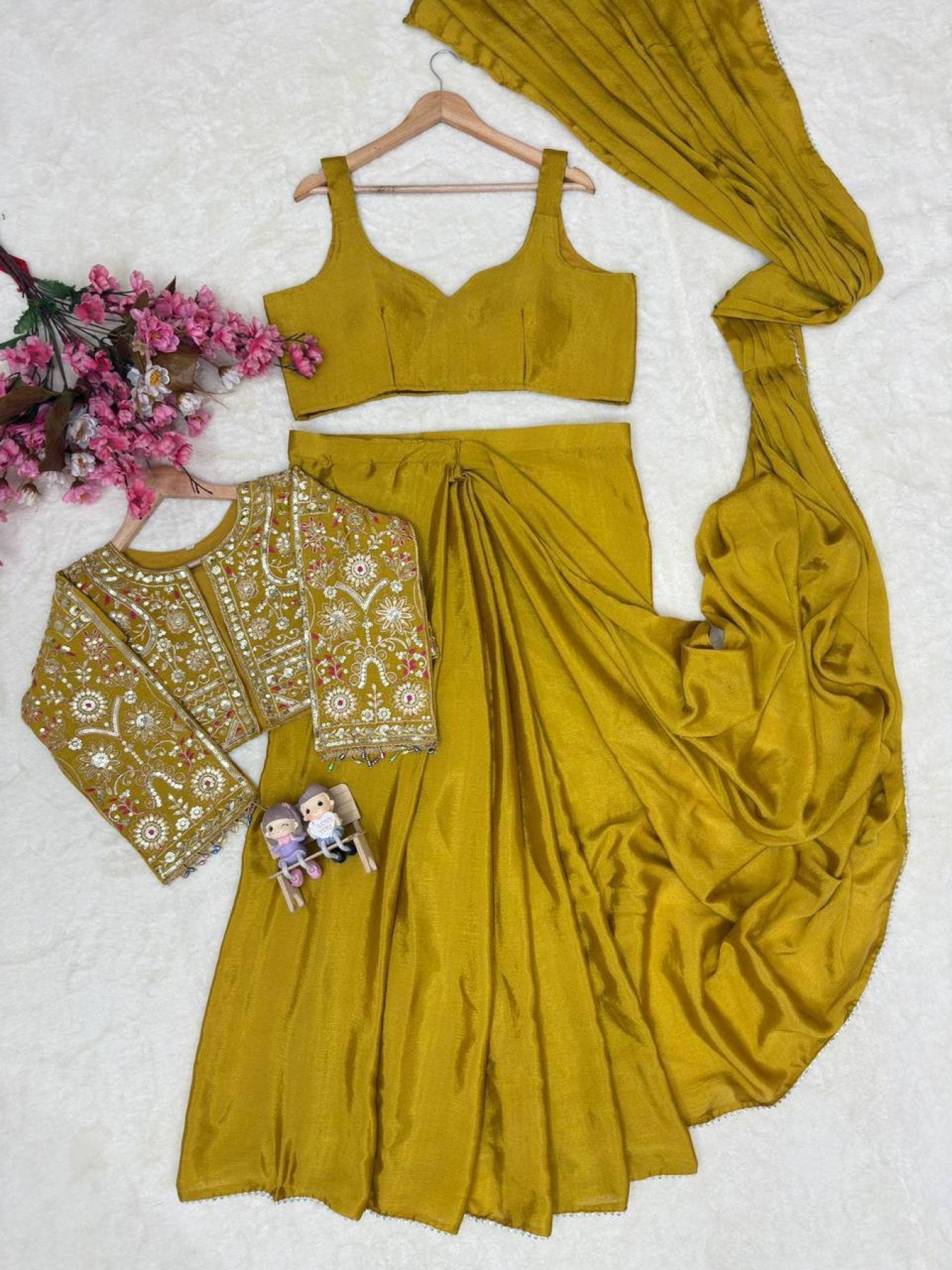 Lycra Drape Saree with Embroidered Silk Jacket Lehenga embroidery close-up