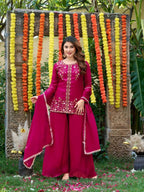 Hot Pink Festival Wear Fendi Satin Embroidered Suit Set with Dupatta for women | Snyvia