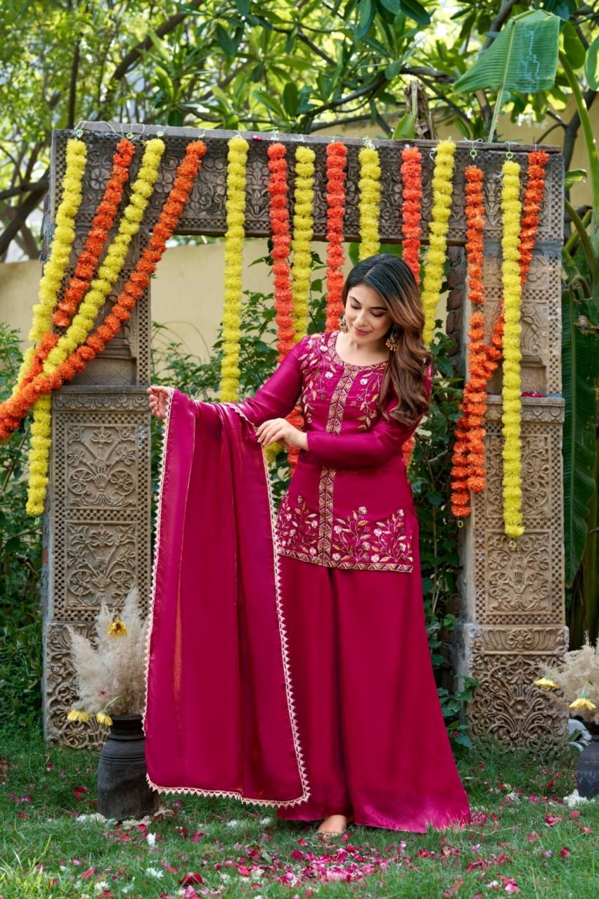 Hot Pink Festival Wear Fendi Satin Embroidered Suit Set with Dupatta full set view