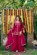 Hot Pink Festival Wear Fendi Satin Embroidered Suit Set with Dupatta detailed view