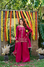 Hot Pink Festival Wear Fendi Satin Embroidered Suit Set with Dupatta embroidery close-up