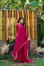 Hot Pink Festival Wear Fendi Satin Embroidered Suit Set with Dupatta fabric texture detail