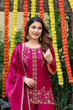 Hot Pink Festival Wear Fendi Satin Embroidered Suit Set with Dupatta back view