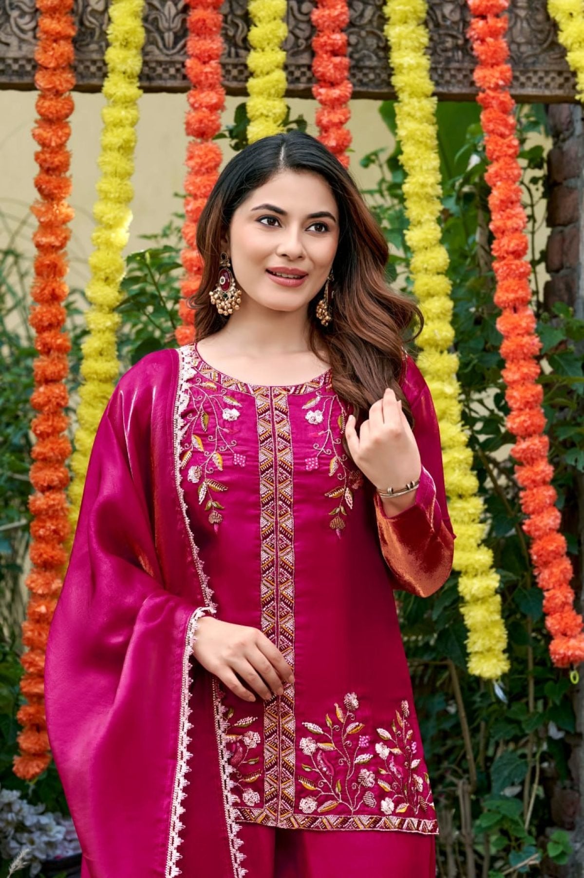 Hot Pink Festival Wear Fendi Satin Embroidered Suit Set with Dupatta back view
