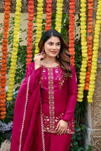 Hot Pink Festival Wear Fendi Satin Embroidered Suit Set with Dupatta styling view