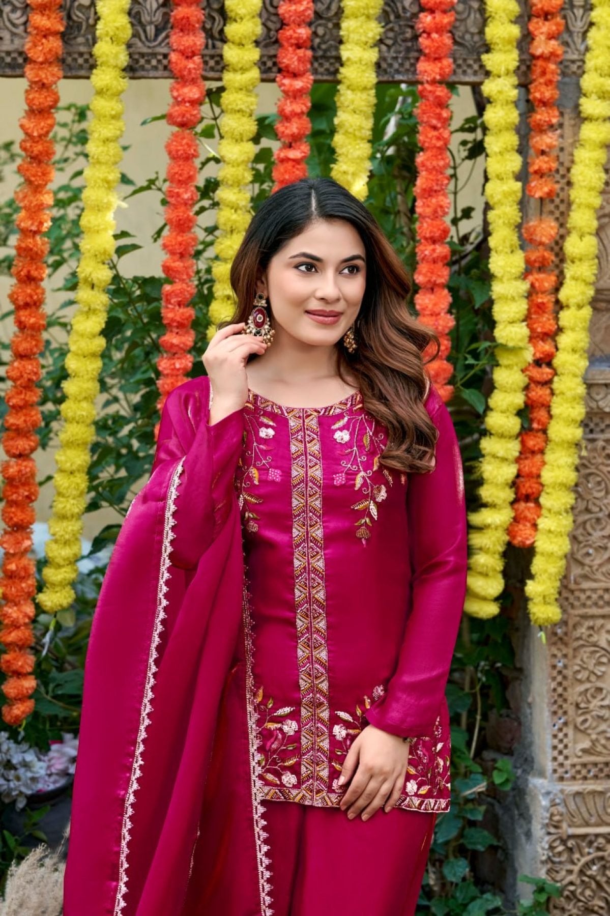 Hot Pink Festival Wear Fendi Satin Embroidered Suit Set with Dupatta styling view