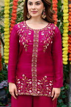 Hot Pink Festival Wear Fendi Satin Embroidered Suit Set with Dupatta detailed view