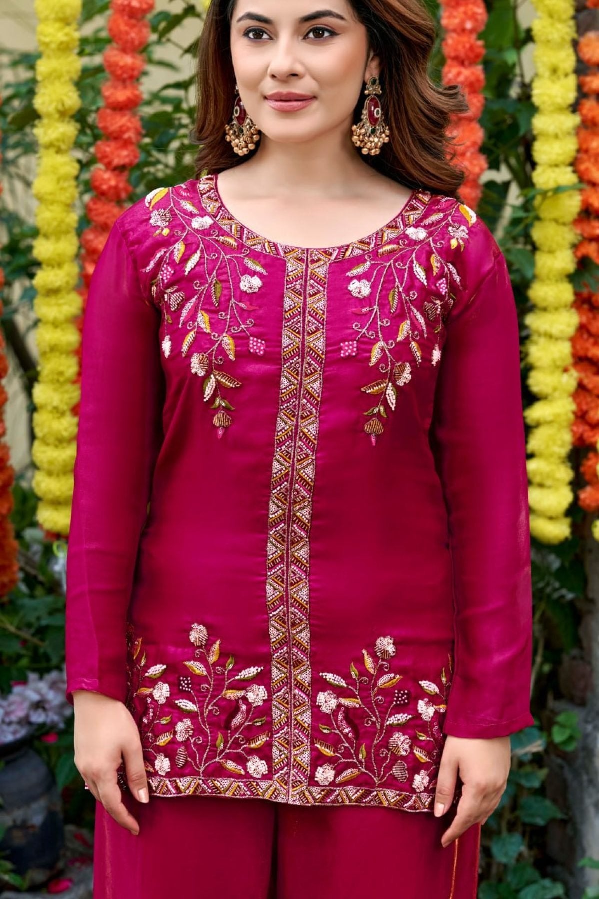 Hot Pink Festival Wear Fendi Satin Embroidered Suit Set with Dupatta detailed view