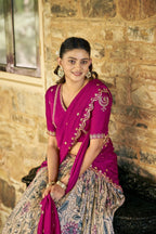 Pink Kalamkari Print Lehenga with Lace Border for Wedding Functions full drape view