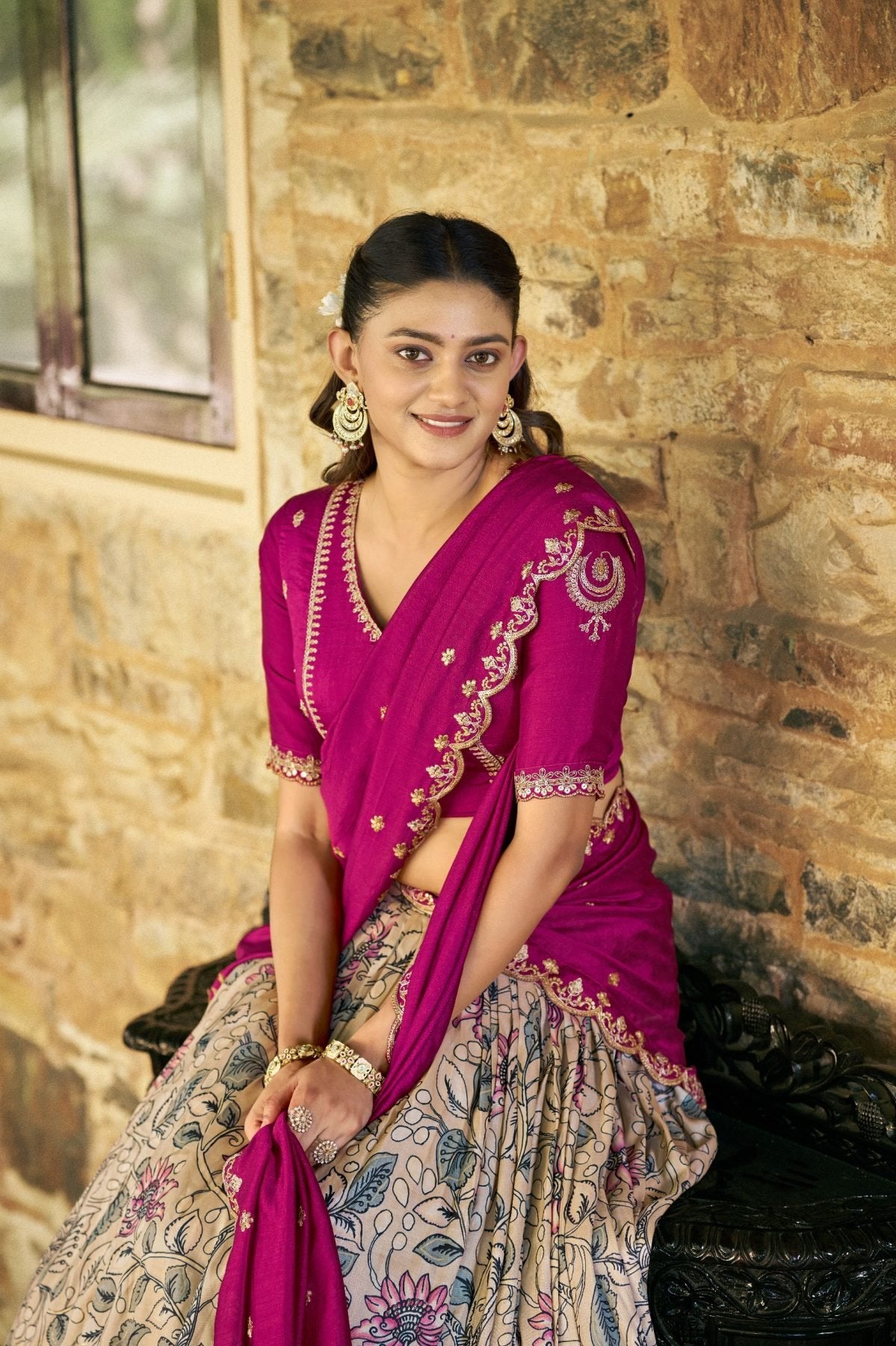 Pink Kalamkari Print Lehenga with Lace Border for Wedding Functions full drape view
