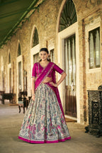 Pink Kalamkari Print Lehenga with Lace Border for Wedding Functions blouse and dupatta detail