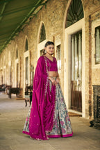 Pink Kalamkari Print Lehenga with Lace Border for Wedding Functions embroidery close-up