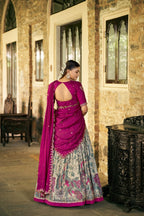 Pink Kalamkari Print Lehenga with Lace Border for Wedding Functions fabric texture detail