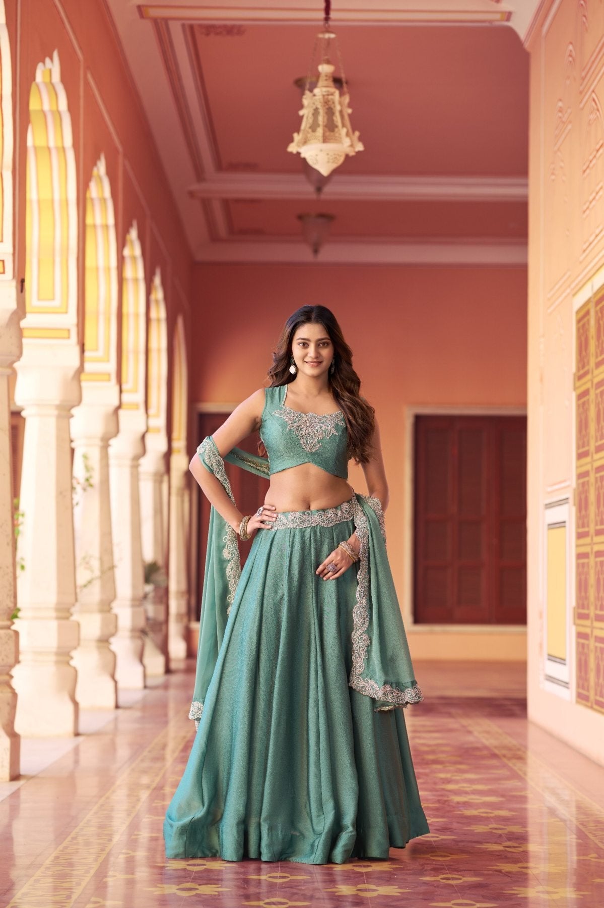 Purle Rangoli Silk Lehenga Set with Embroidery full drape view