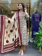 Printed Cotton Flared Kurti Pant Set with Mul Cotton Dupatta for Ethnic for women | Snyvia