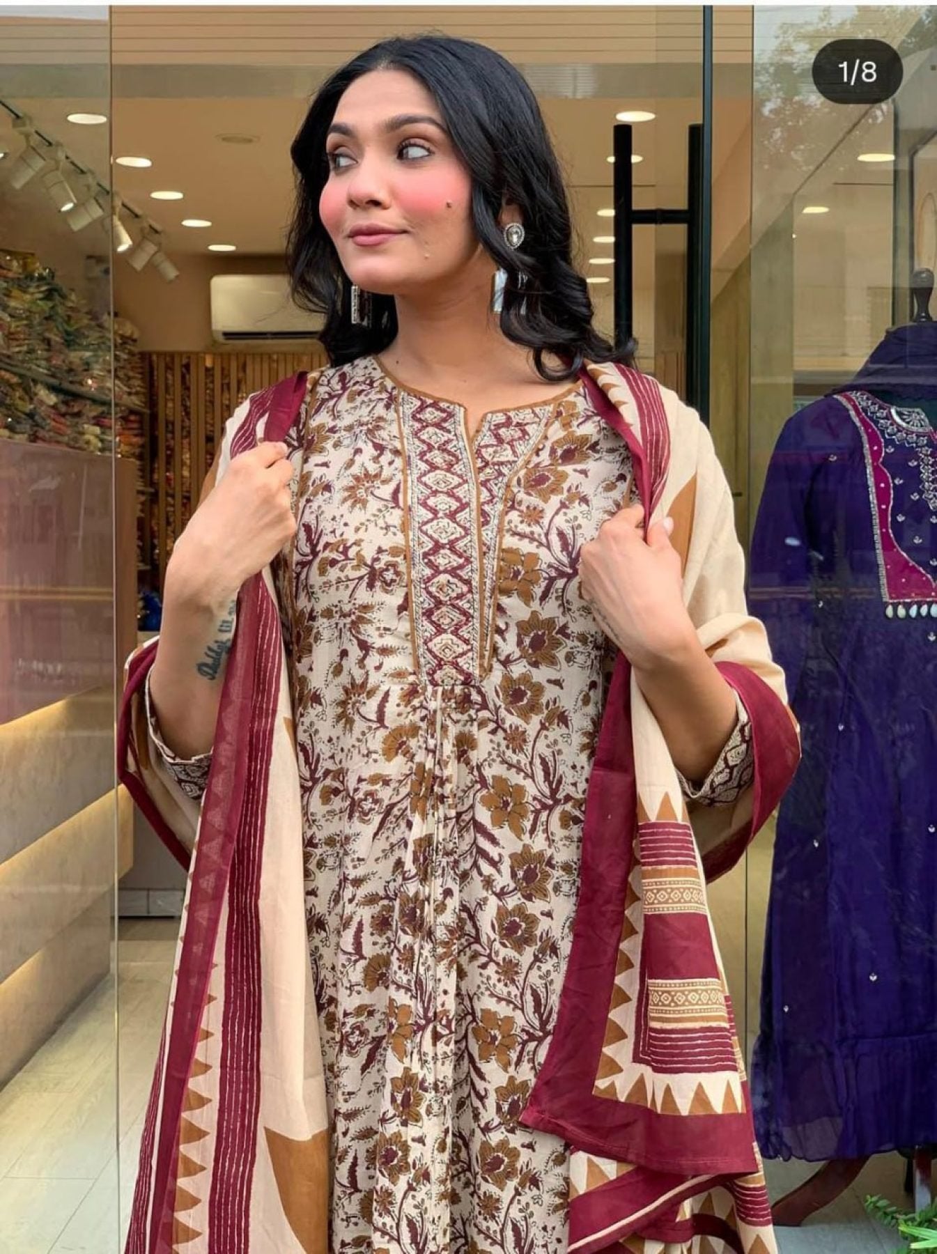 Printed Cotton Flared Kurti Pant Set with Mul Cotton Dupatta for Ethnic full set view