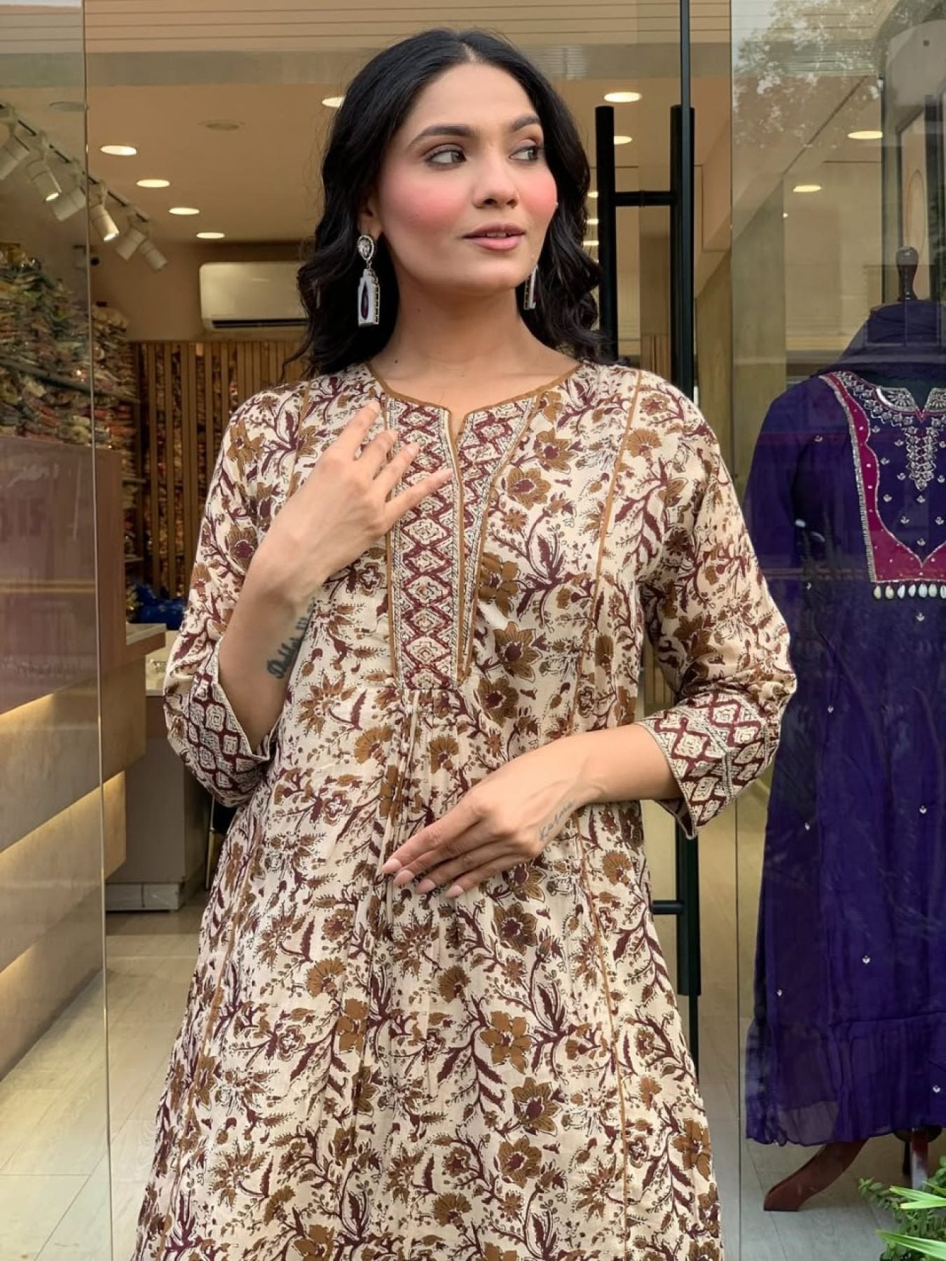 Printed Cotton Flared Kurti Pant Set with Mul Cotton Dupatta for Ethnic back view