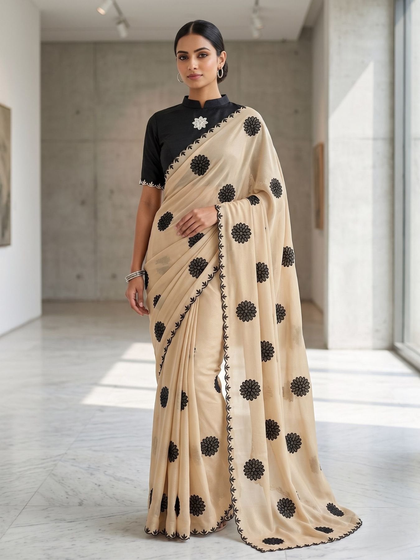 Cream Silk Saree for women - full front view | Snyvia