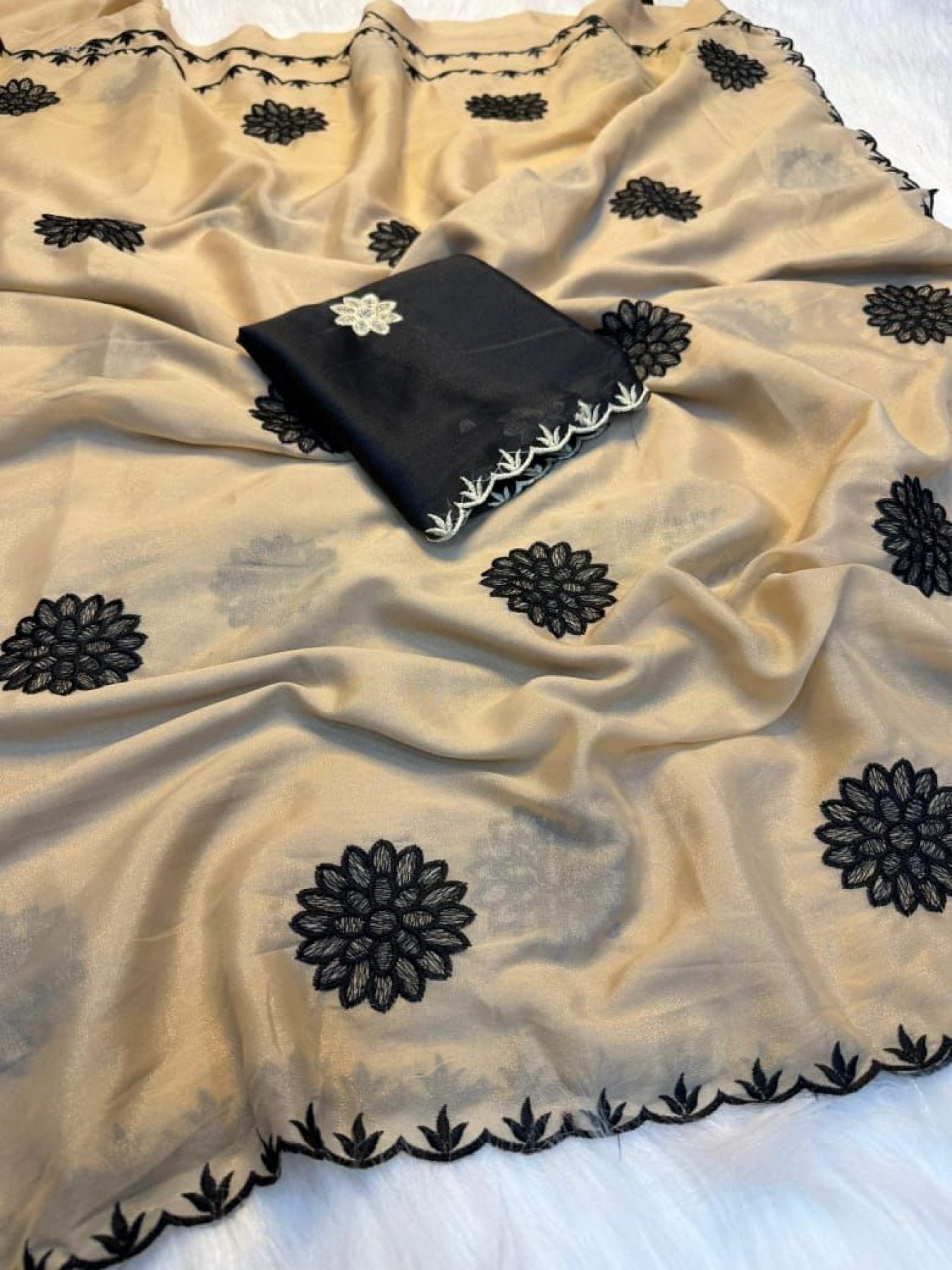 Cream Silk Saree - Embroidery embroidery work detail