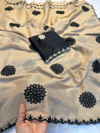 Cream Silk Saree - Embroidery pallu design detail