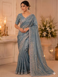 Blue Satin Saree for women - full front view | Snyvia