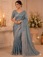 Blue Satin Saree for women - full front view | Snyvia