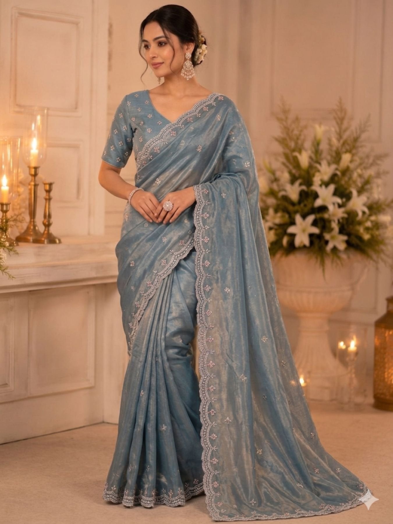 Blue Satin Saree for women - full front view | Snyvia