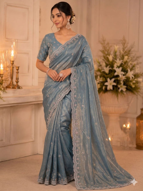 Blue Satin Saree for women - full front view | Snyvia