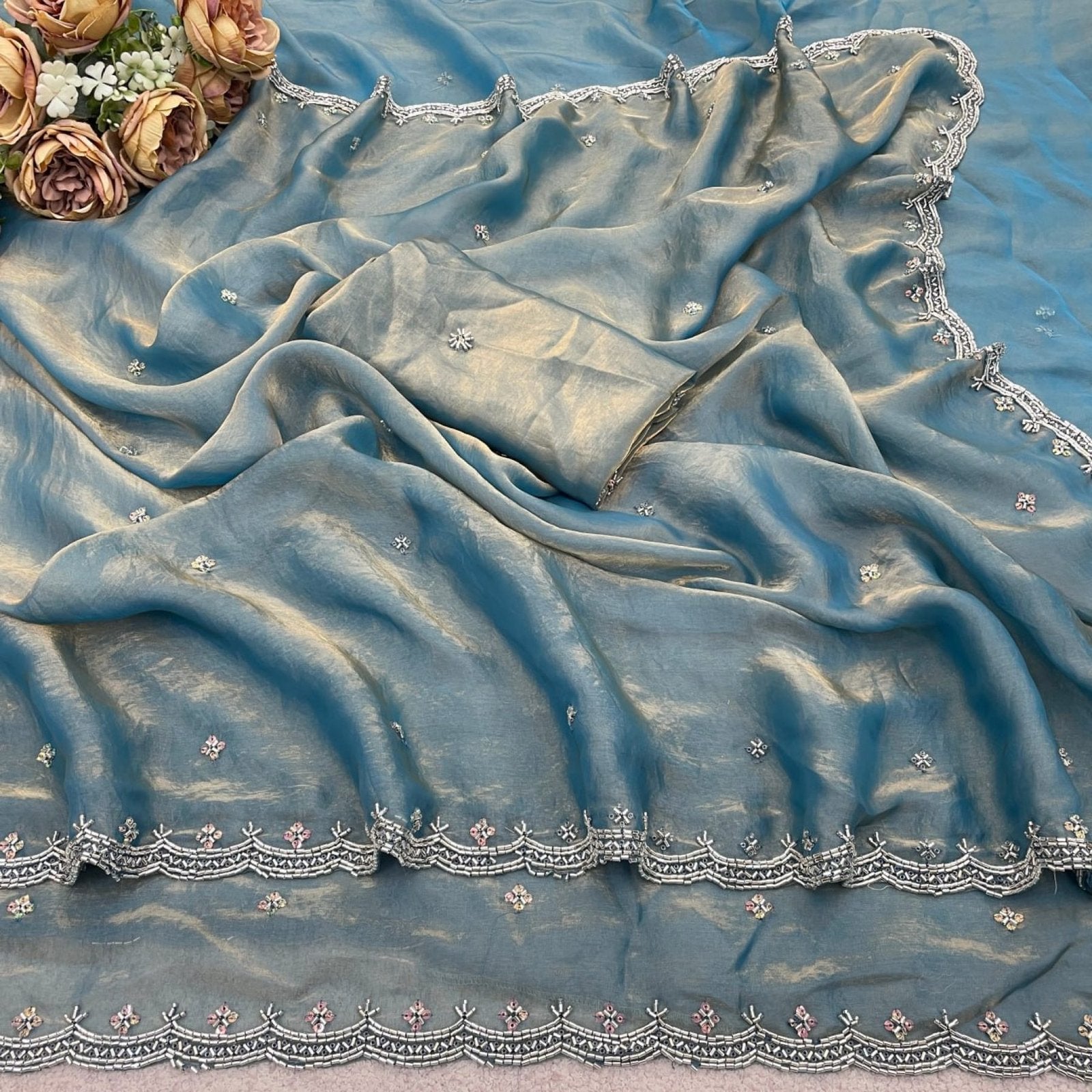 Blue Satin Saree - drape and pallu detail