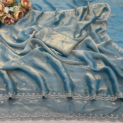 Blue Satin Saree - drape and pallu detail