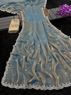 Blue Satin Saree - side drape view