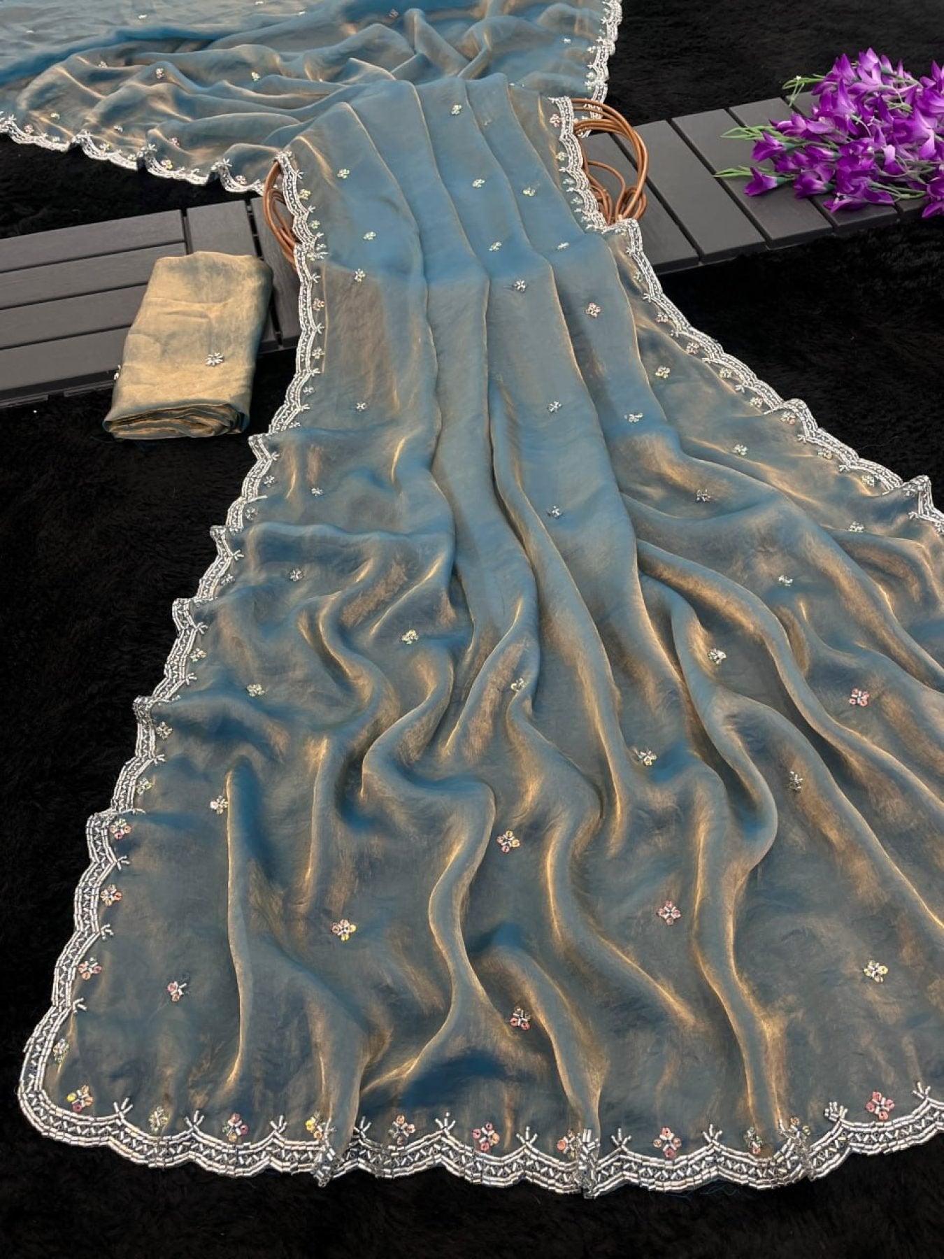 Blue Satin Saree - side drape view