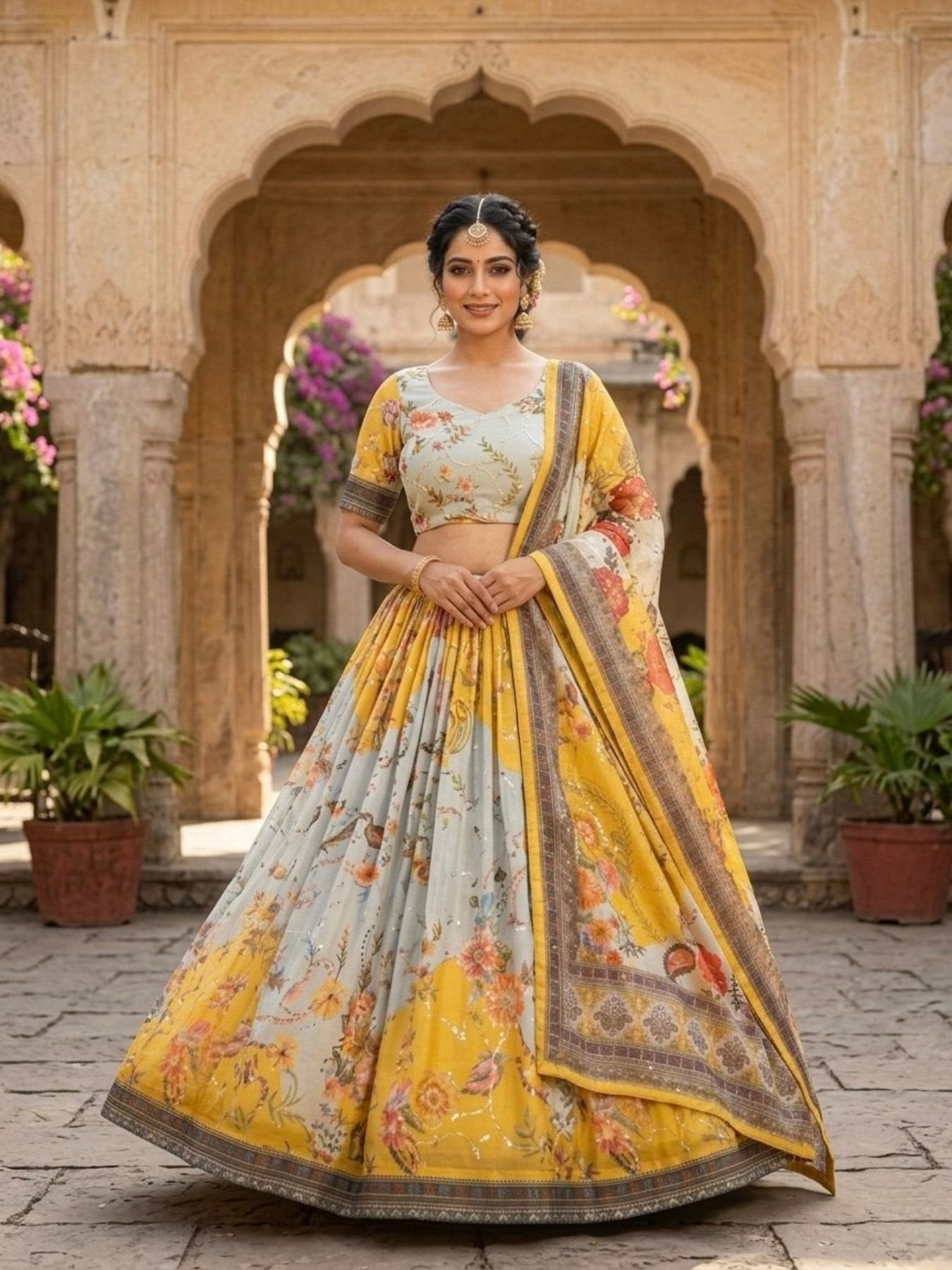 Tabby Silk Lehenga Set with Rich Digital Print and Embroidered Dupatta back view