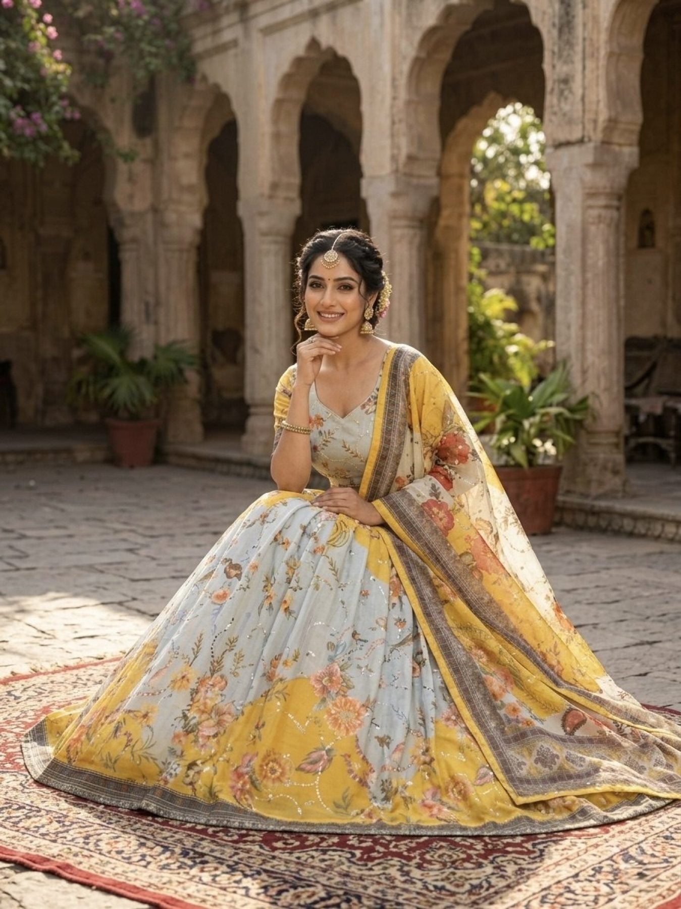 Tabby Silk Lehenga Set with Rich Digital Print and Embroidered Dupatta blouse and dupatta detail