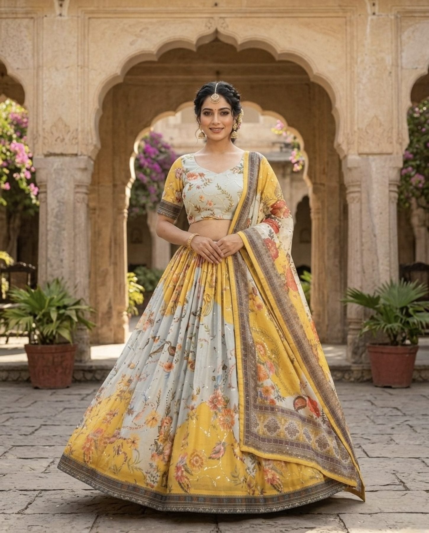 Tabby Silk Lehenga Set with Rich Digital Print and Embroidered Dupatta embroidery close-up