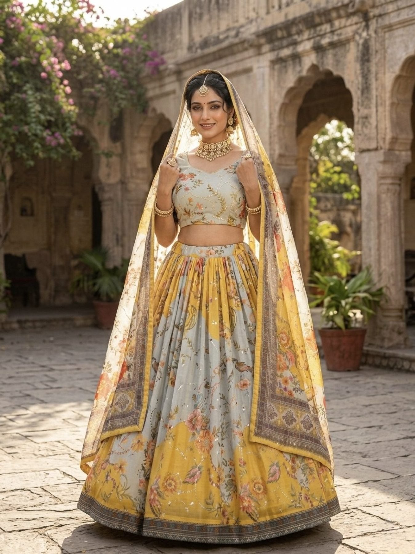Tabby Silk Lehenga Set with Rich Digital Print and Embroidered Dupatta styling view