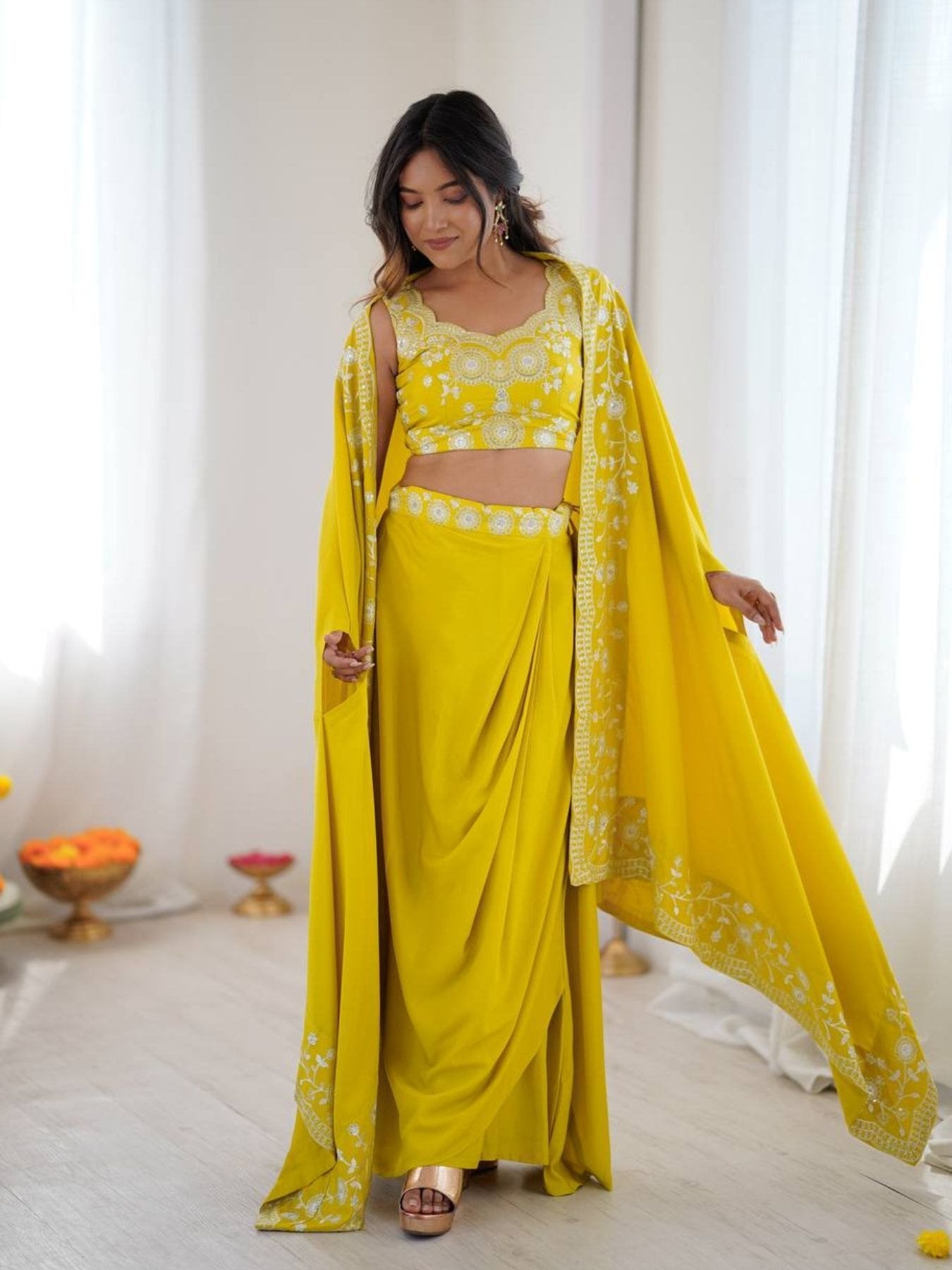 Indo Western Crepe Silk Dhoti Set with Silk Blouse Sequined Shrug Lehenga full drape view