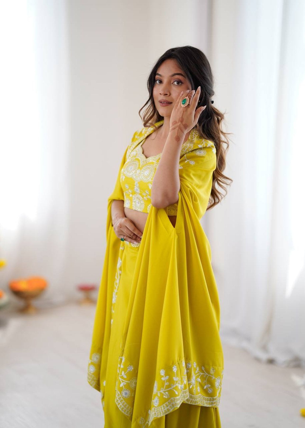 Indo Western Crepe Silk Dhoti Set with Silk Blouse Sequined Shrug Lehenga embroidery close-up