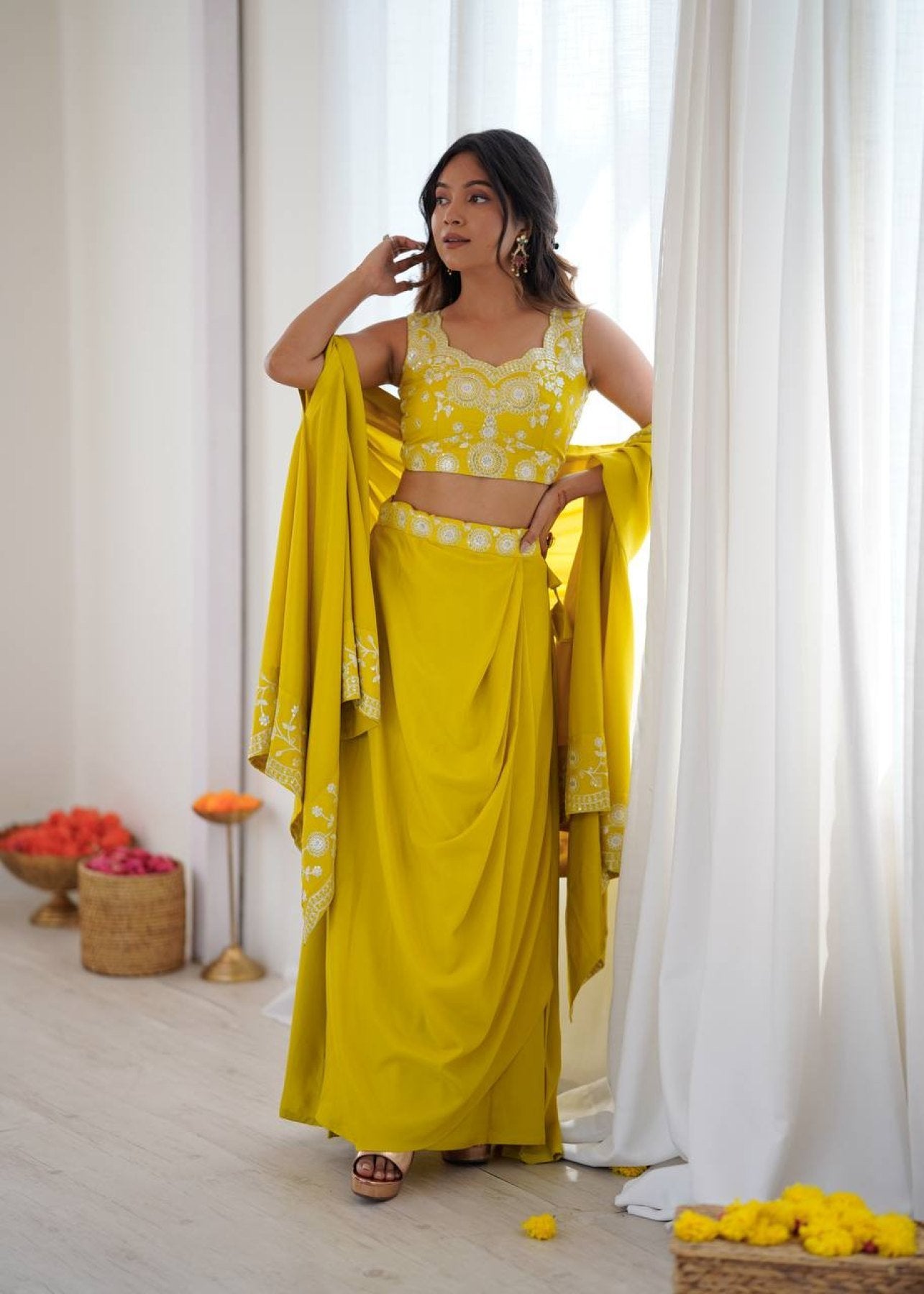 Indo Western Crepe Silk Dhoti Set with Silk Blouse Sequined Shrug Lehenga embroidery close-up