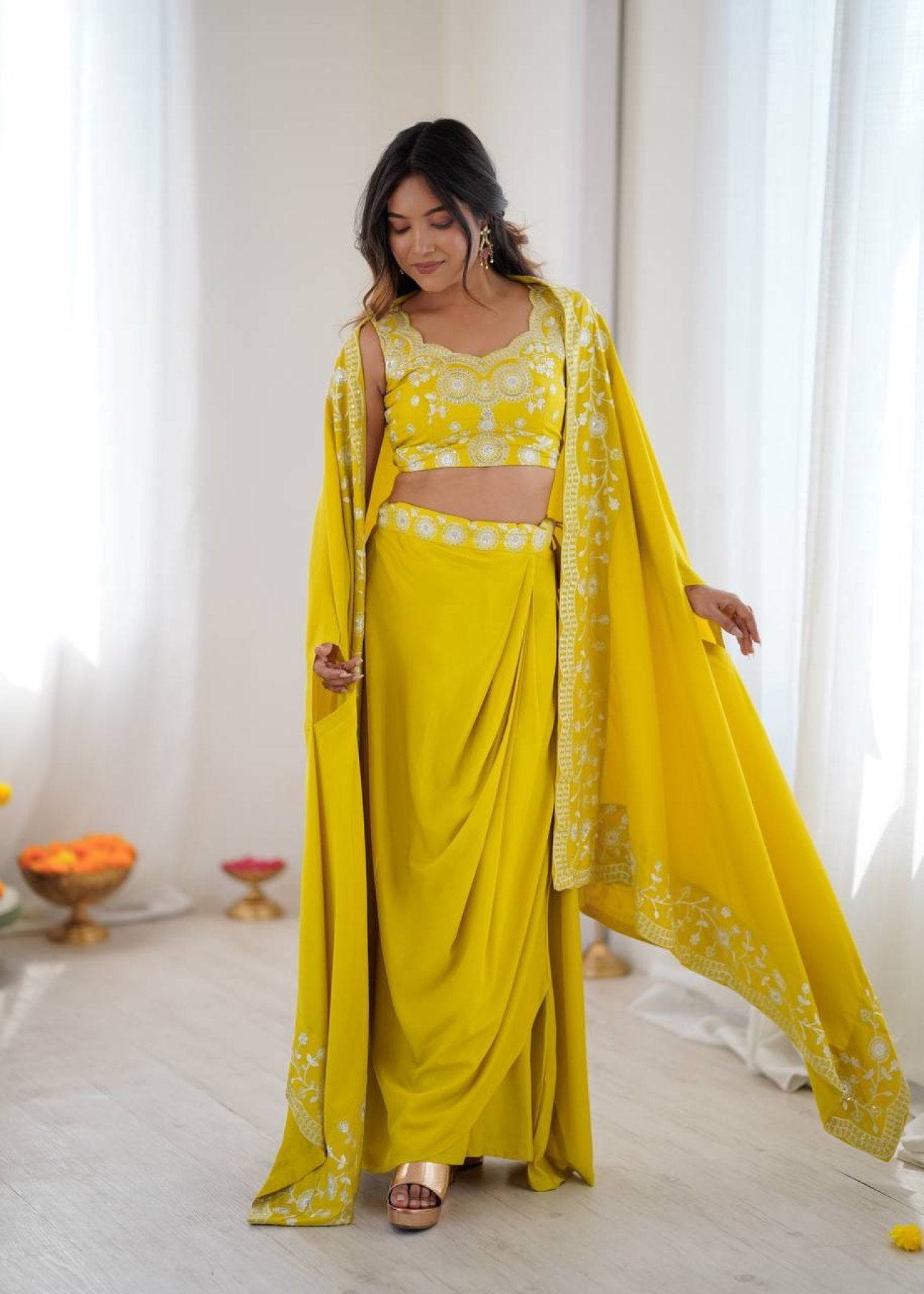 Indo Western Crepe Silk Dhoti Set with Silk Blouse Sequined Shrug Lehenga fabric texture detail